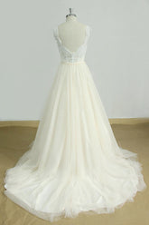 Elegant Lace Straps V-neck Appliques Wedding Dress Tulle Ruffles A-line Bridal Gowns On Sale-27dress